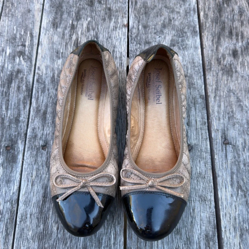 Josef‎ Seibel Pippa Quilted Ballet Flats Women Taupe Cap Toe Bow EU 38/ US 7-7.5